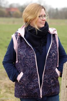 Preview: NANO Softshell Doubleface Fiete Blüten und Blätter Rose/Rost auf Dunkelblau by Swafing